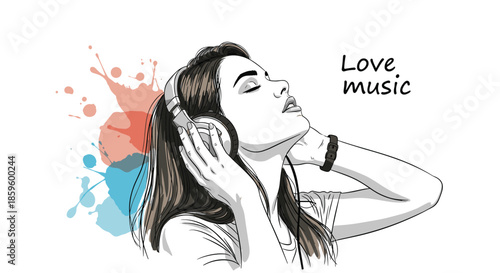 Young woman with closed eyes wearing headphones and listening to music with abstract colorful paint splashes.