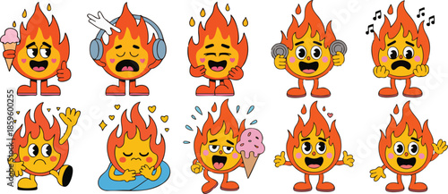 Kawaii flame characters. Isolated fire stickers, cute flames various emotions. Doodle happy fires in love, sleeping, eating listen music, nowaday vector set