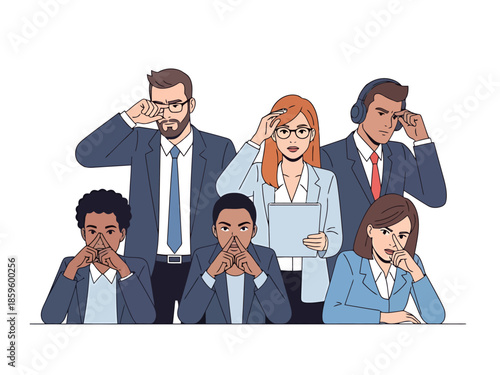 Diverse Corporate Team Pondering Solutions with Focused Expressions