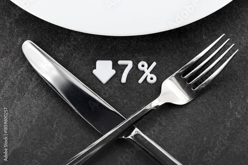 Obraz na plátně Plate with fork and knife on a dark stonetable, German tax in the restaurant ind