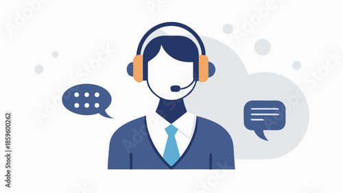 Customer service agent with headset and speech bubbles in flat style