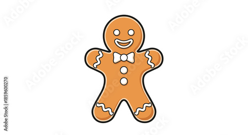 Classic gingerbread man cookie with white icing decorations and a bow tie for Christmas holiday celebration.