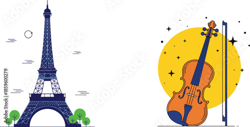 Eiffel Tower Paris landmark illustration paired with classical violin music concept in modern flat vector style