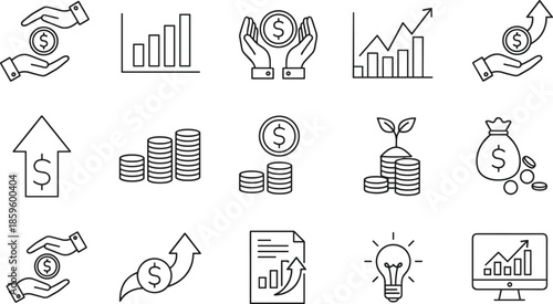 Financial growth and investment line icon set featuring profit increase charts, money protection hands, rising revenue arrows, savings coins, and business analytics.