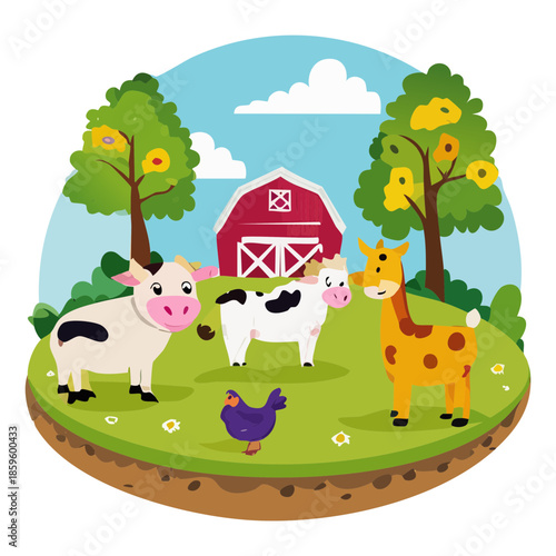 Farm Animals Gathering In Front Of Red Barn Under Blue Sky