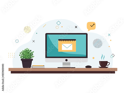 Modern Desktop Computer Setup with Email Notification on Screen and Office Plant