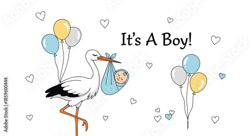Its a boy birth announcement card with a stork delivering a baby boy in a bundle surrounded by balloons and hearts.