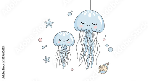 Two cute cartoon jellyfish floating in the ocean with shells stars and bubbles in a soft pastel color palette.