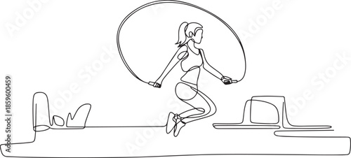 Single continuous line drawing young sportive woman train jumping with skipping rope in sport gymnasium club center. Fitness stretching concept. one line Icon drawing