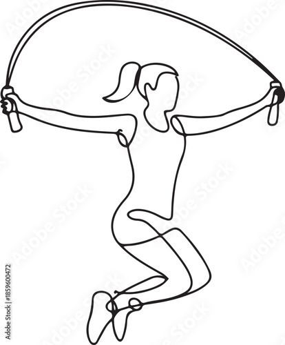 Single continuous line drawing young sportive woman train jumping with skipping rope in sport gymnasium club center. Fitness stretching concept. one line Icon drawing