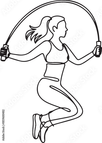 Single continuous line drawing young sportive woman train jumping with skipping rope in sport gymnasium club center. Fitness stretching concept. one line Icon drawing