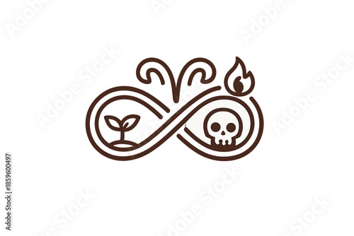 Infinity symbol with plant sprout and skull and flame