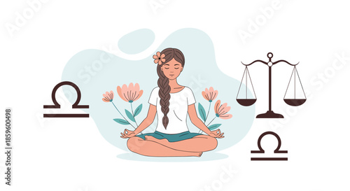 Calm woman sitting in lotus pose meditating with flowers and Libra zodiac scales symbols for inner balance theme.