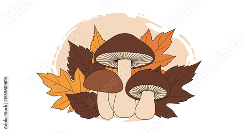 Lovely composition of forest mushrooms with fallen autumn maple and oak leaves in warm brown and orange tones.