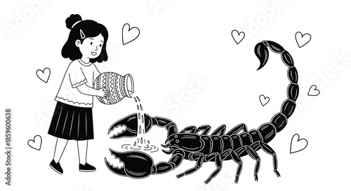 Brave little girl pouring water from an ancient jug on a giant black scorpion representing the Scorpio zodiac sign.