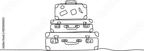 One continuous line drawing of old retro vintage leather suitcases stack. Classic travelling item concept single line draw graphic design. one line Icon drawing