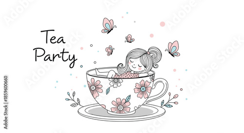 Cute little girl sleeping peacefully in a large floral tea cup with butterflies flying around for a tea party theme.