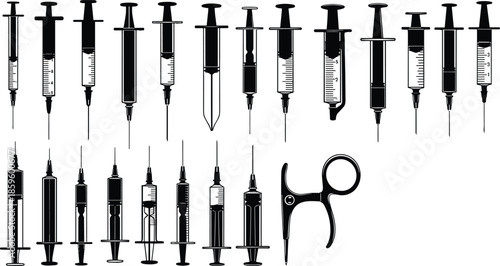 Collection of medical syringe and injection tool silhouettes isolated on white background healthcare laboratory hospital black vector illustration set
