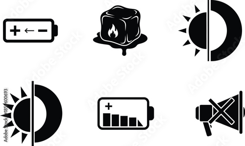 black and white icons of battery sun and ice cube melting