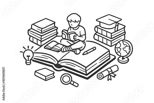 Student Studying Surrounded by Books and Educational Icons