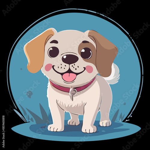 Smiling little dog puppy with floppy ears and a red collar looking forward with a happy expression