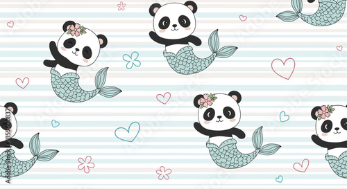 Cute panda mermaid characters swimming in a striped sea background with hearts and flowers in a charming seamless pattern design art.