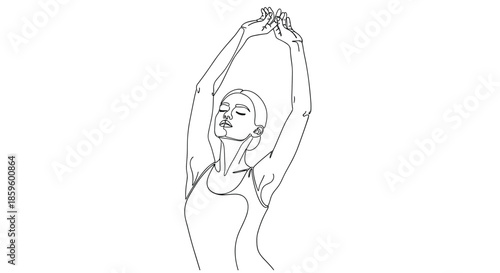 Minimalist line art drawing of a young woman stretching her arms upwards with her eyes closed in a peaceful and relaxing morning pose.