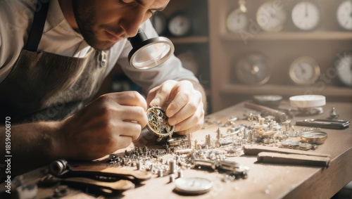 Watchmaker meticulously repairs intricate clock mechanism with precision and care.