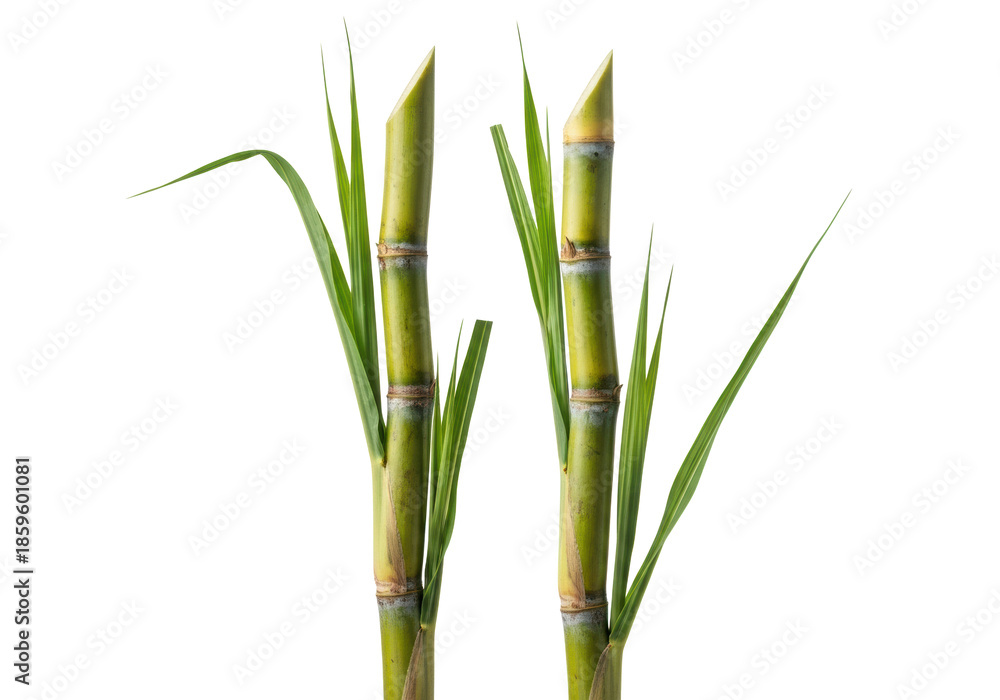 Obraz premium Two fresh, vibrant green-yellowish sugarcane stalks with segmented texture and lush leaves, isolated on a transparent background with copy space, clean product photography concept of natural freshness