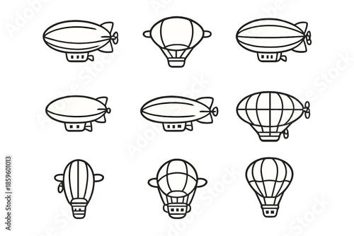 Collection of vintage airship and hot air balloon icons