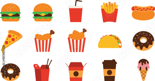 Fast food and dessert icons collection with burgers, pizza, fries, donuts, drinks, and snacks isolated on white background vector set