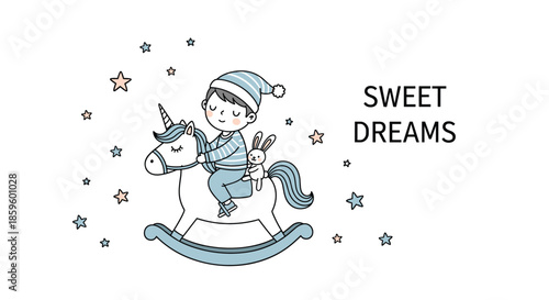 Cute little boy in striped pajamas and a nightcap riding a rocking horse unicorn surrounded by stars and Sweet Dreams text on white.