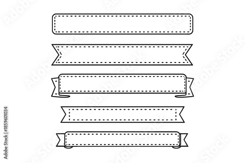Collection of five blank ribbon banners with dotted edges on a grey background