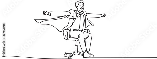 One line drawing of young happy business man spreading a wing and pretend as super hero who flying using an office chair. Business success concept. one line Icon drawing