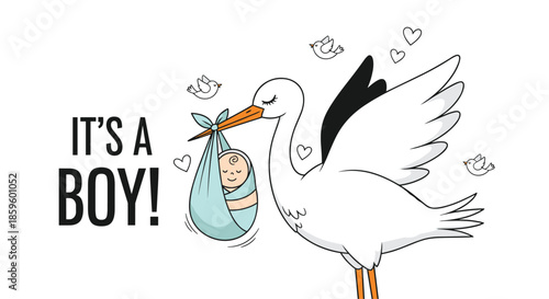 Cartoon stork carrying a newborn baby boy in a blue bundle with small birds and hearts around and a bold It is a Boy text on the side.