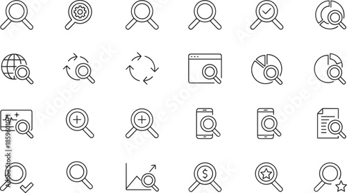 Search and data analysis line icon set featuring magnifying glass symbols for web browsing, financial research, global discovery, and business statistics.