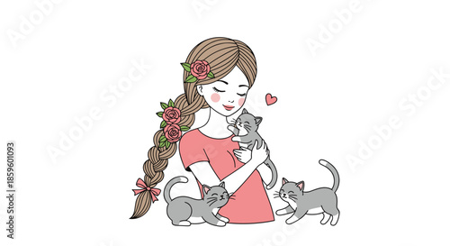 Beautiful woman with a long rose decorated braid hugging a grey kitten with two other kittens playing nearby on a clean white background.