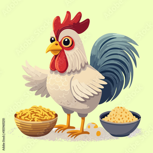 cheerful rooster chicken animal character waving wing next to grain bowls for farm animal and agriculture story book