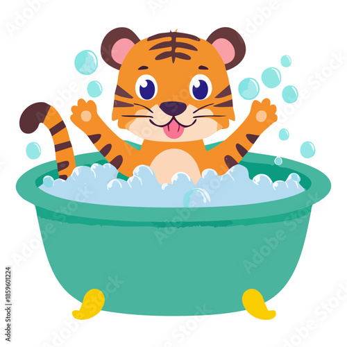 happy tiger animal character playing in bathtub with many bubbles and water drops for kids bath time fun
