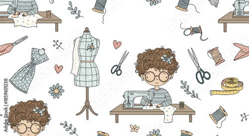 Seamless pattern of a young girl with glasses using a sewing machine surrounded by tailoring tools like scissors and dress mannequins.