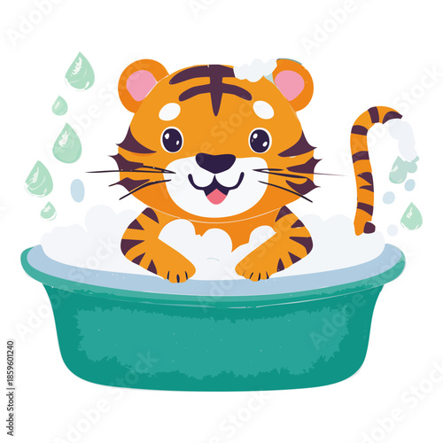 smiling baby tiger animal character sitting in blue bath tub with white bubbles for nursery room decoration print