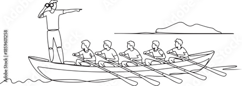 One single line drawing of young male team member take a boat heading to an island while the leader navigate them using binocular. Teamwork concept. one line Icon drawing