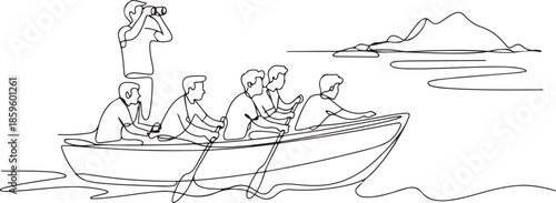 One single line drawing of young male team member take a boat heading to an island while the leader navigate them using binocular. Teamwork concept. one line Icon drawing