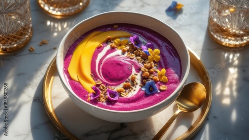 Vibrant smoothie bowl adorned with mango and edible flowers