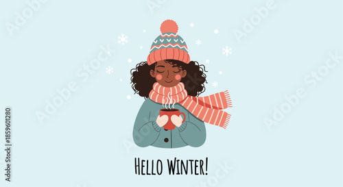 Cute girl with dark curly hair wearing a winter hat and scarf holding a steaming mug of hot chocolate in the falling snow outdoors art.