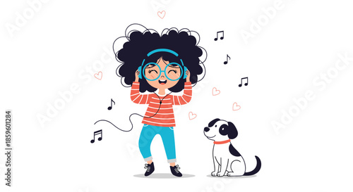 Happy young girl with a large afro and glasses listening to music on blue headphones and dancing with her cute pet spotted puppy dog.