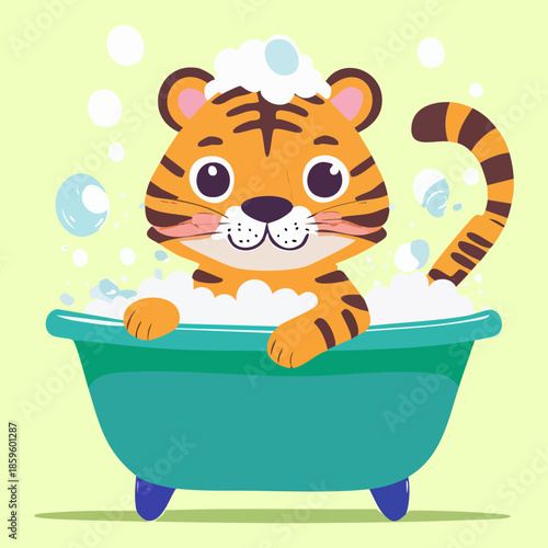 happy baby tiger animal character taking a bubble bath in a blue tub with soap suds for kids