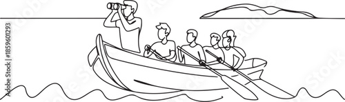 One single line drawing of young male team member take a boat heading to an island while the leader navigate them using binocular. Teamwork concept. one line Icon drawing
