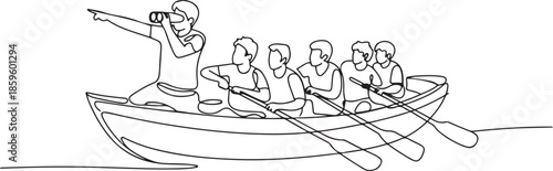 One single line drawing of young male team member take a boat heading to an island while the leader navigate them using binocular. Teamwork concept. one line Icon drawing