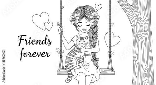 Charming line art of a young girl with long braids sitting on a swing under a tree and hugging her pet striped cat with friends forever.